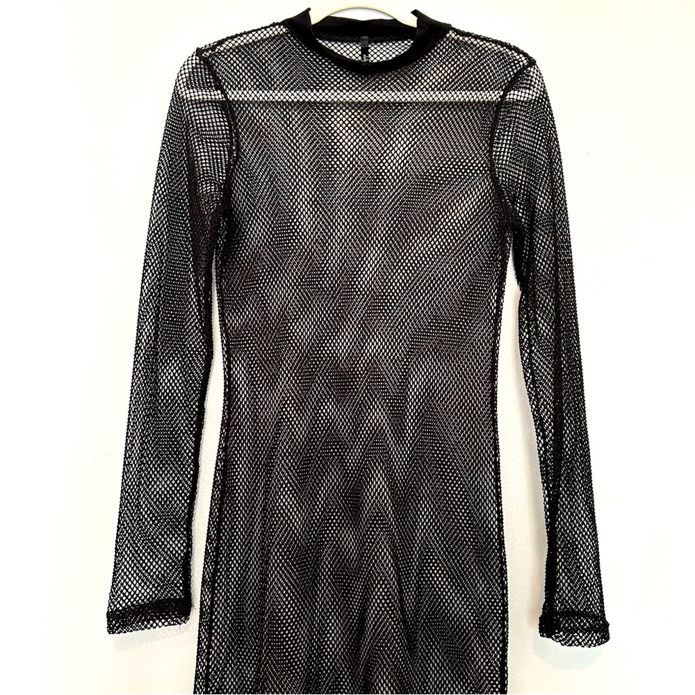 Shelly Black Mesh Fish Net Long Sleeve Midi Dress | Party Beach Festival Goth